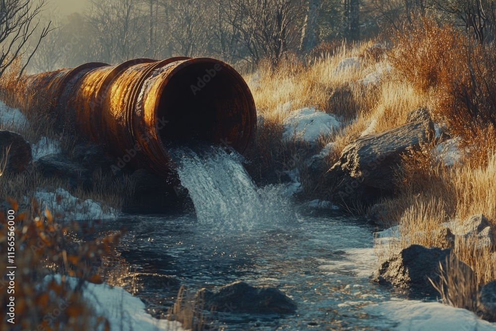 Rusty Pipe Discharging Water into Winter Stream Rusty Pipe Discharging Water into Winter Stream