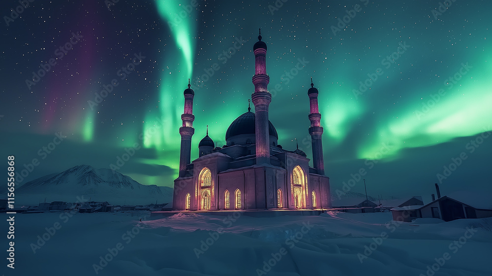 Fototapeta premium A mosque under aurora lights, blending natural wonder with architectural beauty