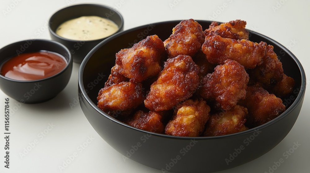 Crispy Chicken Bites with Sauces in a Black Bowl on Light Background Crispy Chicken Bites with Sauces in a Black Bowl on Light Background