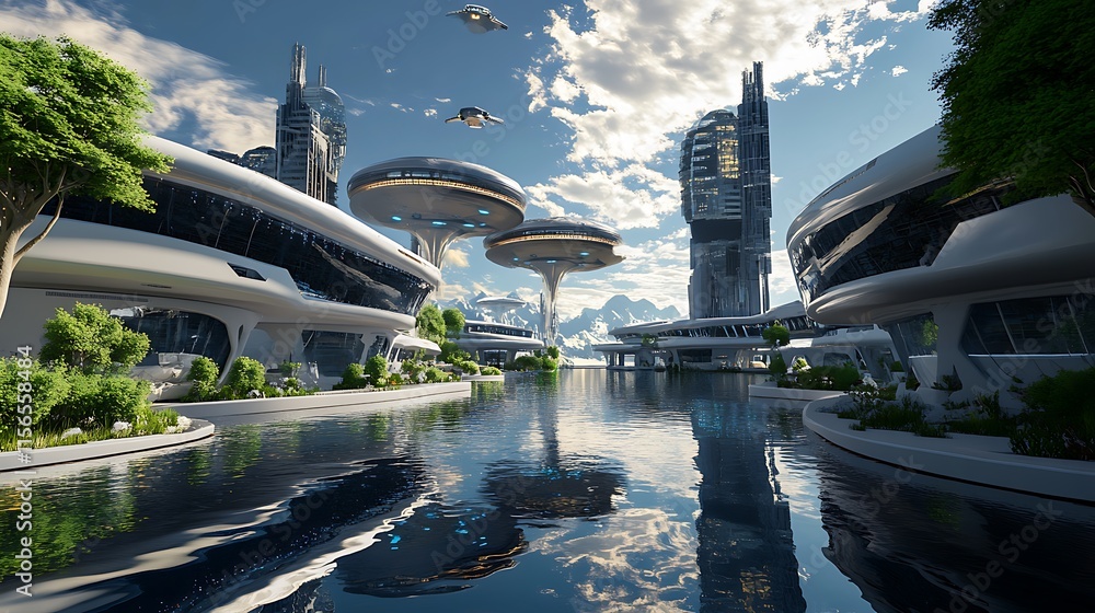 Stunning Futuristic Cityscape: A Vibrant 3D Render in a Realistic Style. AI Generated Stunning Futuristic Cityscape: A Vibrant 3D Render in a Realistic Style. AI Generated
