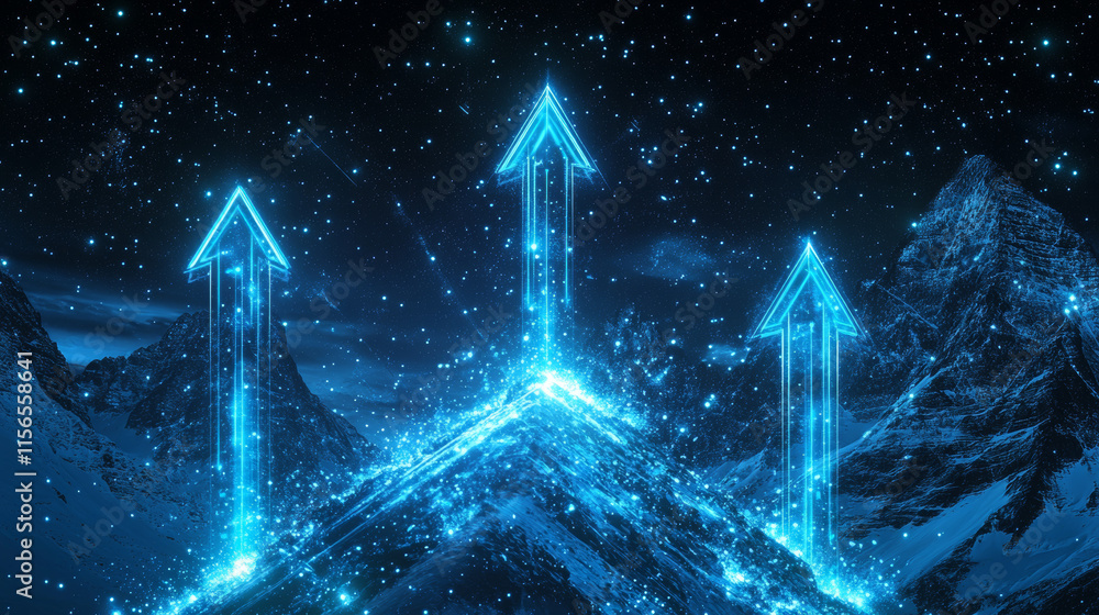 Three abstract blue glow speed arrows rise up. Concept of business target reach or successful investment. Low poly vector illustration in futuristic style. Neon glow of lines, connected dots, shapes. Three abstract blue glow speed arrows rise up. Concept of business target reach or successful investment. Low poly vector illustration in futuristic style. Neon glow of lines, connected dots, shapes.