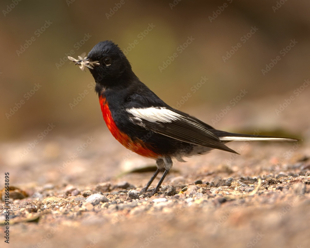 Black and red bird with an insect on rocky ground. Black and red bird with an insect on rocky ground.