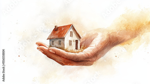 hand holding miniature house in watercolor art style