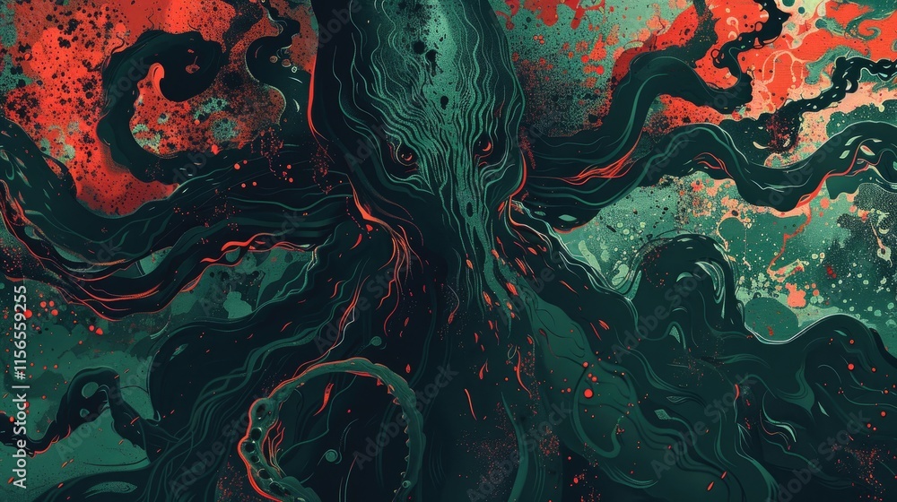 Obraz premium A dark, surreal illustration of a monstrous creature with tentacles and eerie colors.