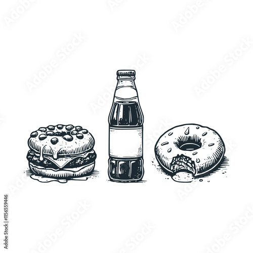 The burger, sauce, and donuts. Black white vector illustration.
