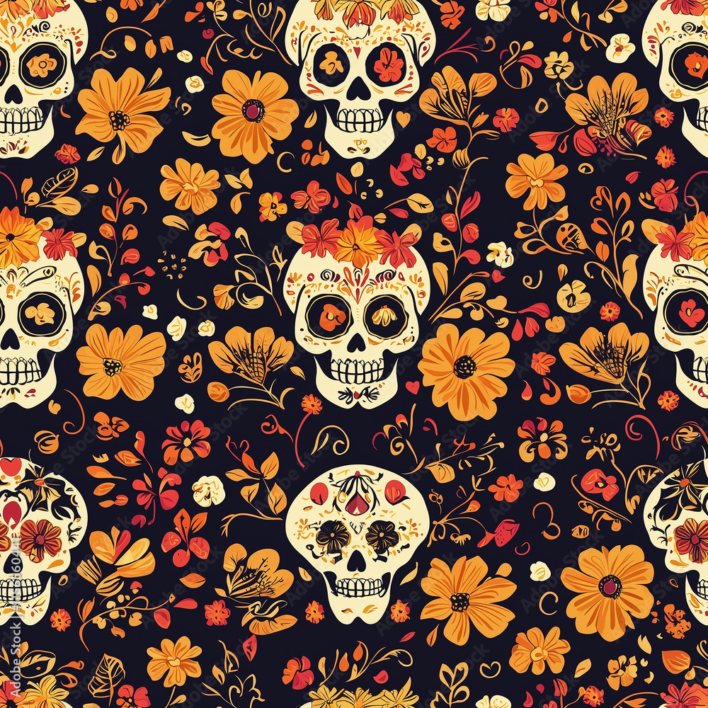 Vibrant floral and skull line mexican seamless pattern for textiles mexico digital design colorful artistic inspiration Vibrant floral and skull line mexican seamless pattern for textiles mexico digital design colorful artistic inspiration
