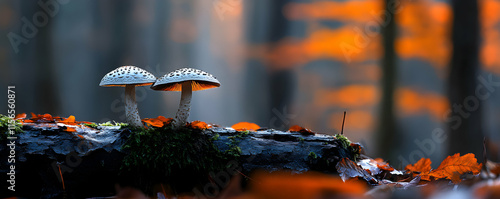 Autumnal Fungi Duo on Forest Log, Basidiomycetes Growing Beautifully Amidst Fall Leaves in the Woods photo