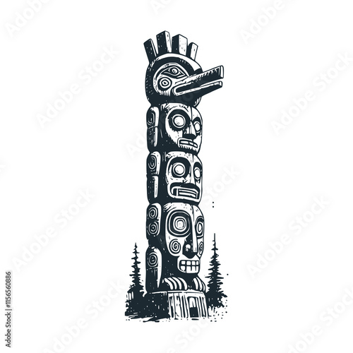 The vintage Totem Pole. Black white vector illustration.
