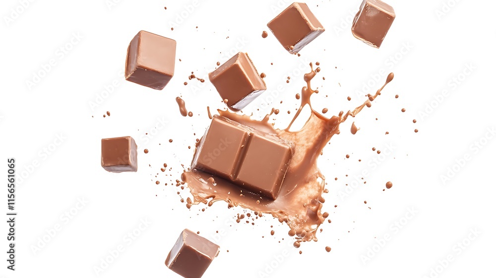 Fototapeta premium Delicious Milk Chocolate Cubes Dynamically Splashing Against White Background: Close-Up Photo. AI Generated