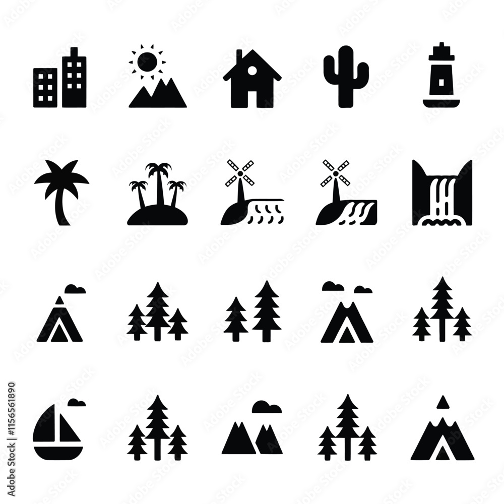 Landscape line icon set vector