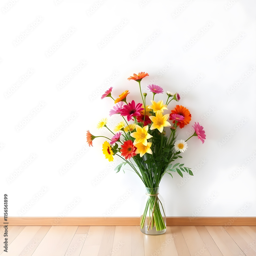 Blank wall art, with a minimalistic white background and a vibrant bouquet of flowers. Blank wall art, with a minimalistic white background and a vibrant bouquet of flowers.
