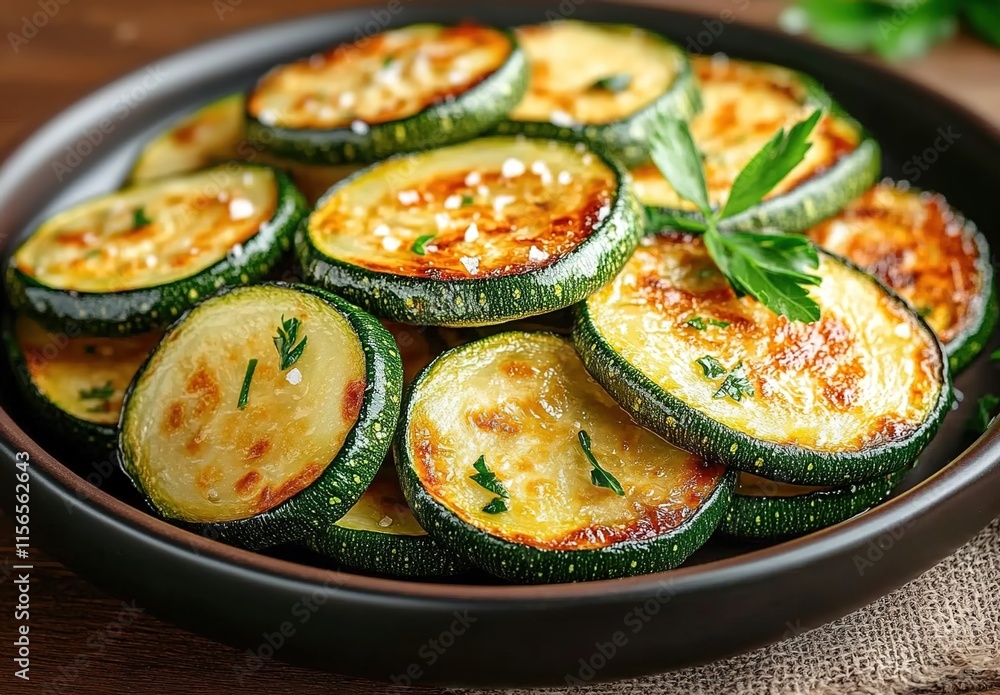 A plate of golden-brown zucchini slices, perfectly baked and slightly charred with some cheese on top, garnished with fresh basil leaves. A plate of golden-brown zucchini slices, perfectly baked and slightly charred with some cheese on top, garnished with fresh basil leaves.