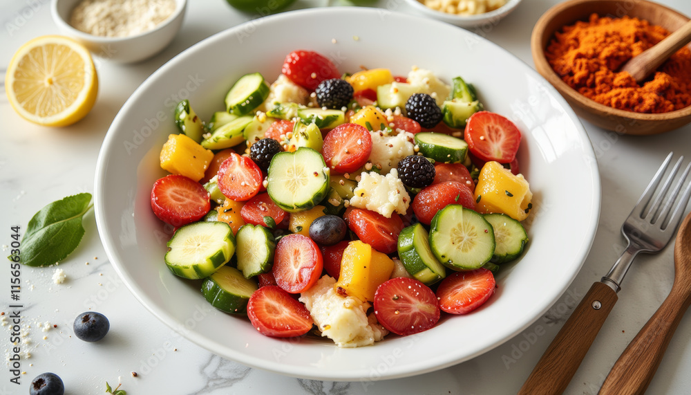 Colorful salad with fresh vegetables and fruits on a marble table Colorful salad with fresh vegetables and fruits on a marble table