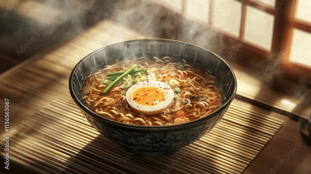 Steaming Bowl of Noodle Soup with Egg and Vegetables in Sunlight Steaming Bowl of Noodle Soup with Egg and Vegetables in Sunlight