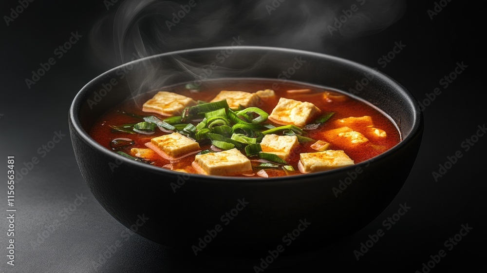 Steaming Bowl of Spicy Tofu Soup with Scallions on Dark Background Steaming Bowl of Spicy Tofu Soup with Scallions on Dark Background