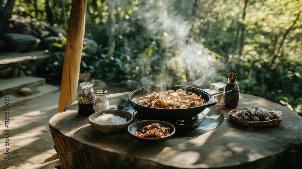 Outdoor Cooking Scene with Steam and Fresh Ingredients in Nature Outdoor Cooking Scene with Steam and Fresh Ingredients in Nature