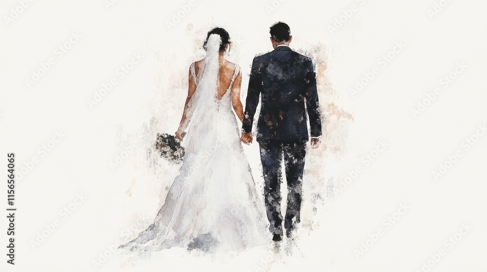 Backward Watercolor Bride and Groom on White Wedding Background in Black and White Isolation Backward Watercolor Bride and Groom on White Wedding Background in Black and White Isolation