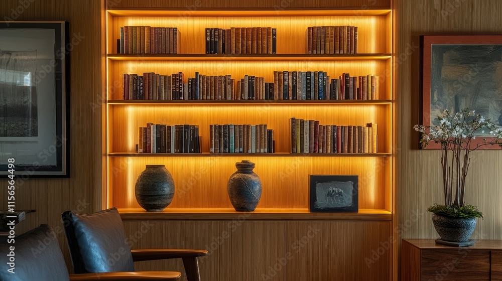 Elegant Home Library with Warm Lighting and Stylish Decor Elements Elegant Home Library with Warm Lighting and Stylish Decor Elements