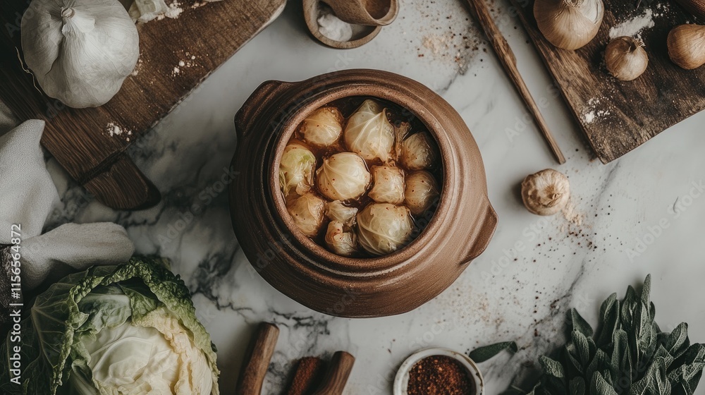 Rustic Cooking Scene with Clay Pot and Fresh Vegetables on Table Rustic Cooking Scene with Clay Pot and Fresh Vegetables on Table