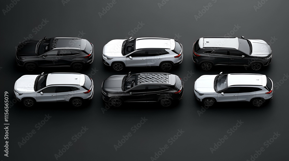 Sleek SUV Lineup, Six Vehicles Parked Neatly on Dark Surface, Displaying Variety of Colors and Designs. Sleek SUV Lineup, Six Vehicles Parked Neatly on Dark Surface, Displaying Variety of Colors and Designs.