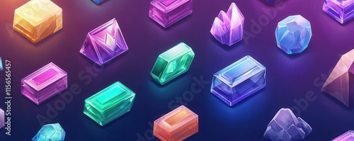 A colorful array of various gem-like crystals, showcasing different shapes and vibrant hues against a dark background. photo