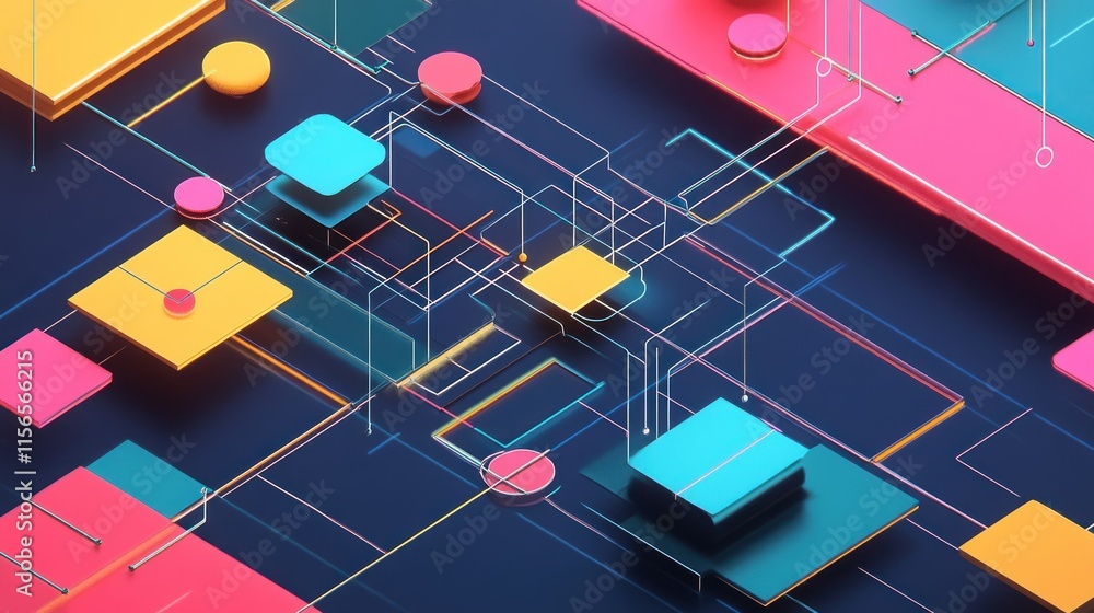 Abstract geometric shapes and lines in vibrant colors on a dark background. Abstract geometric shapes and lines in vibrant colors on a dark background.