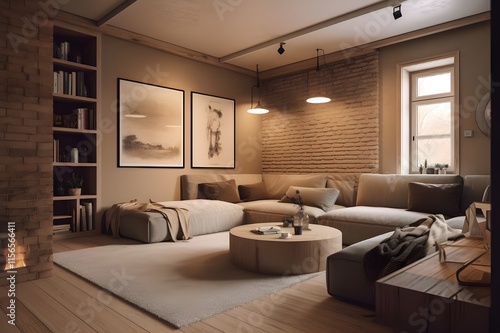 Wallpaper Mural Photo modern styled interior design with beige or grey sofa and wooden side table Torontodigital.ca