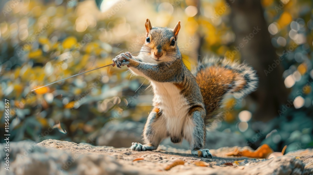 A playful squirrel holding a stick, poised in a natural setting. A playful squirrel holding a stick, poised in a natural setting.