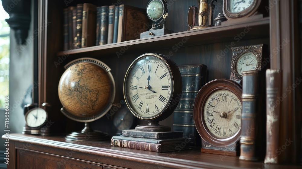 Antique Clocks and Globe on Wooden Shelf with Vintage Books Antique Clocks and Globe on Wooden Shelf with Vintage Books