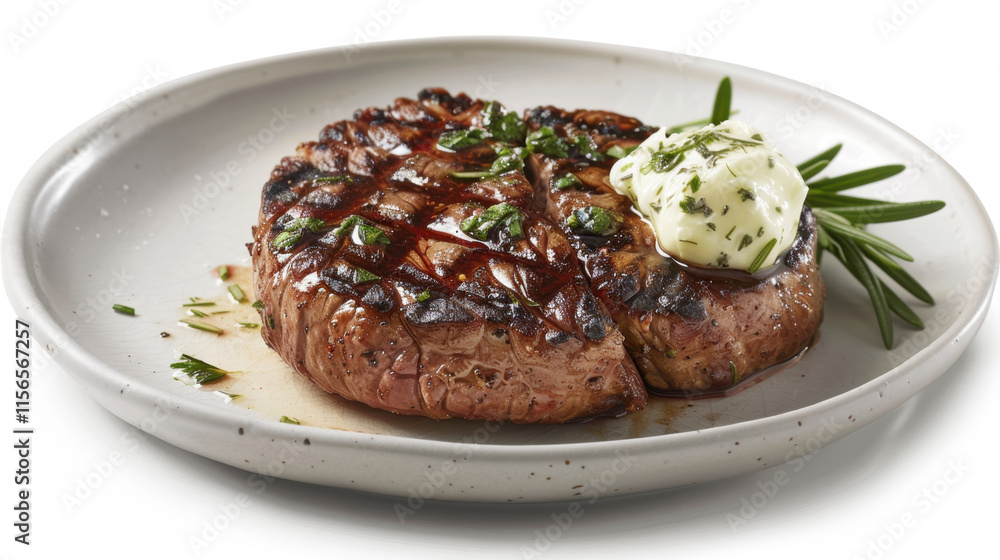 Perfectly grilled steak with char marks, garnished with herbs and sauce Perfectly grilled steak with char marks, garnished with herbs and sauce