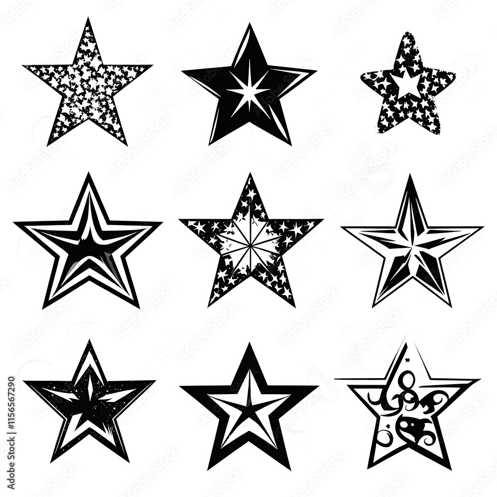 Fototapeta premium Vintage stars with cracks and stains. Old hand-drawn sign, black simple shape. Retro design element with distressed effect, grunge texture. Vector illustration 