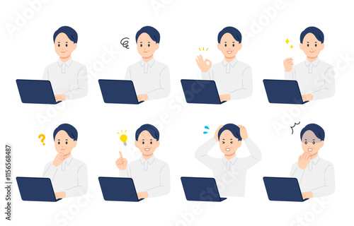 パソコンを見ながらいろいろな表情･ポーズをする中年男性のセット【人物ベクターイラスト素材】