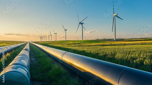 Fossil fuels pipe lines through the land and green renewable energy source wind turbines in background under clear blue sky, environment and clean energies  photo