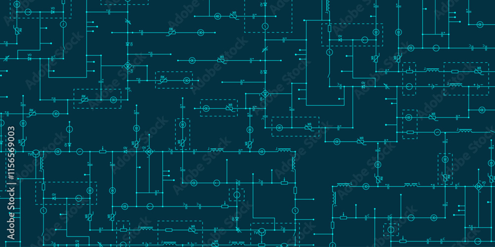 Electrical circuit diagram. Blue industry background with components of conductors, connections, contour, controllers, transistors Electrical circuit diagram. Blue industry background with components of conductors, connections, contour, controllers, transistors