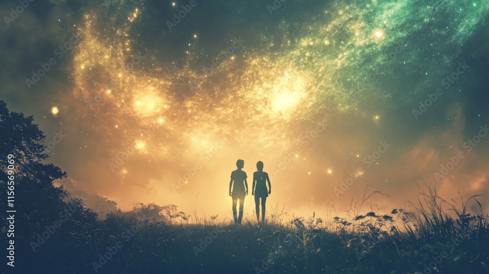 Cosmic Encounter: Two Silhouettes Gaze Upon a Celestial Canvas Cosmic Encounter: Two Silhouettes Gaze Upon a Celestial Canvas