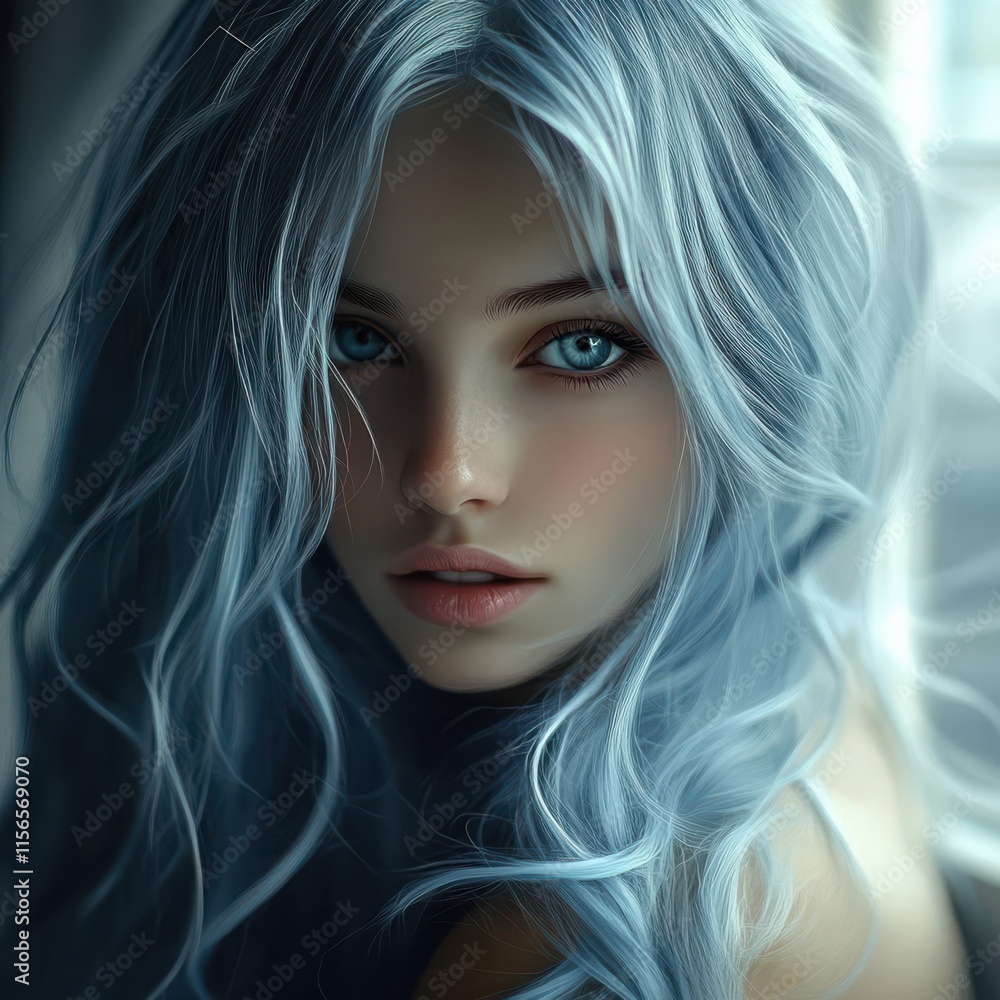 Fototapeta premium Close up of the face of a beautiful European girl with white hair