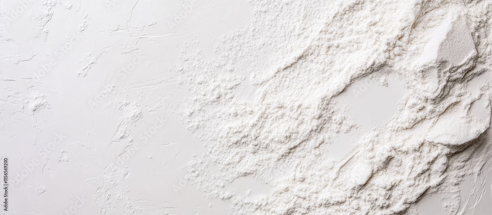 Flour scattered on a clean white kitchen countertop top view with empty space for culinary text or recipe design Flour scattered on a clean white kitchen countertop top view with empty space for culinary text or recipe design