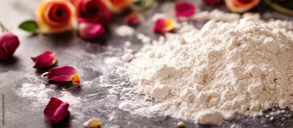 Flour Pile on Kitchen Table Surrounded by Rose Petals with Ample Copy Space for Culinary or Floral Design Text Flour Pile on Kitchen Table Surrounded by Rose Petals with Ample Copy Space for Culinary or Floral Design Text