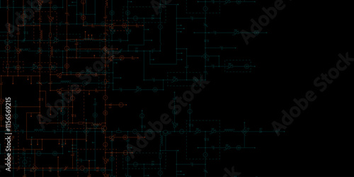 Electrical circuit diagram. Dark tech background with borders from components of conductors, connections, controllers, transistors