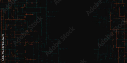 Electrical circuit diagram. Dark tech background with borders from components of conductors, connections, controllers, transistors