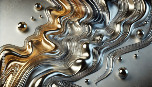 An abstract wallpaper of liquid metal flows in shimmering silver and gold tones, creating a premium and luxurious appeal.