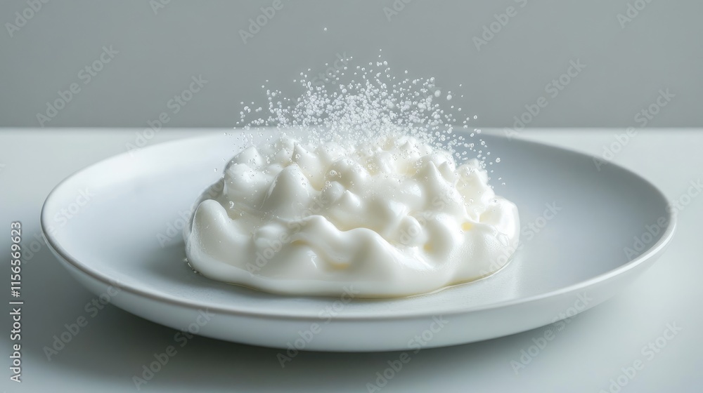 Elegant culinary foam presentation on a white plate with an empty space for customization and creative text placement. Elegant culinary foam presentation on a white plate with an empty space for customization and creative text placement.