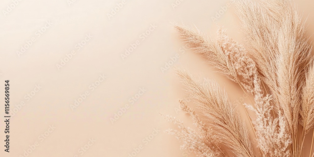 Elegant autumn backdrop with dried pampas grass in vintage yellow paper on beige minimalistic background for design and decoration purposes