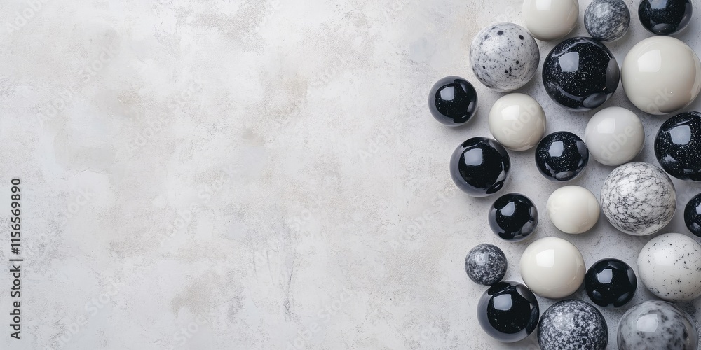 Elegant composition of gray black and white marbles on a neutral background with ample empty space for text and creative design elements Elegant composition of gray black and white marbles on a neutral background with ample empty space for text and creative design elements