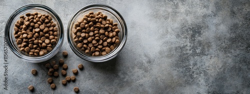 Dog food in glass bowls on a textured surface with scattered kibble and ample negative space for promotional text or product information photo