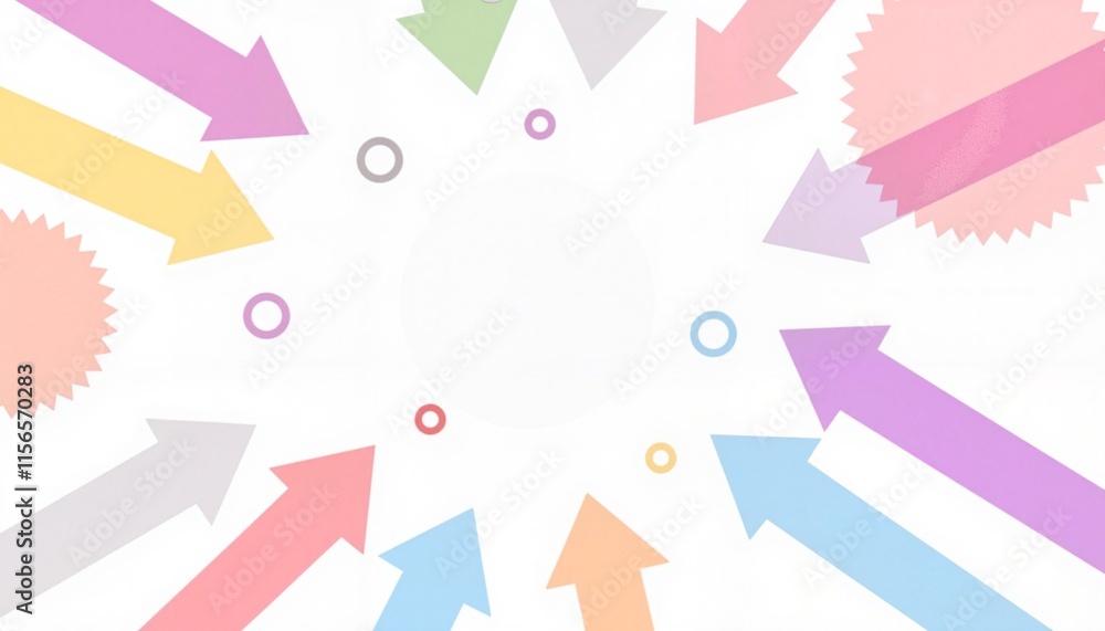 Arrows pointing from a central point in pastel colors on white background Arrows pointing from a central point in pastel colors on white background