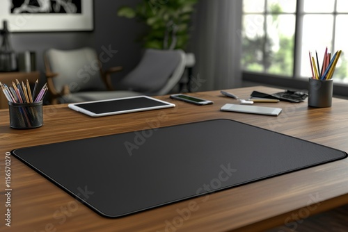 A sleek black desk mat on a modern wooden desk with stationery, devices, and natural light, creating a stylish workspace ambiance.