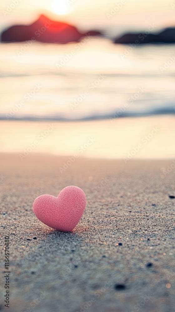 Fototapeta premium Pink heart on beach at sunset