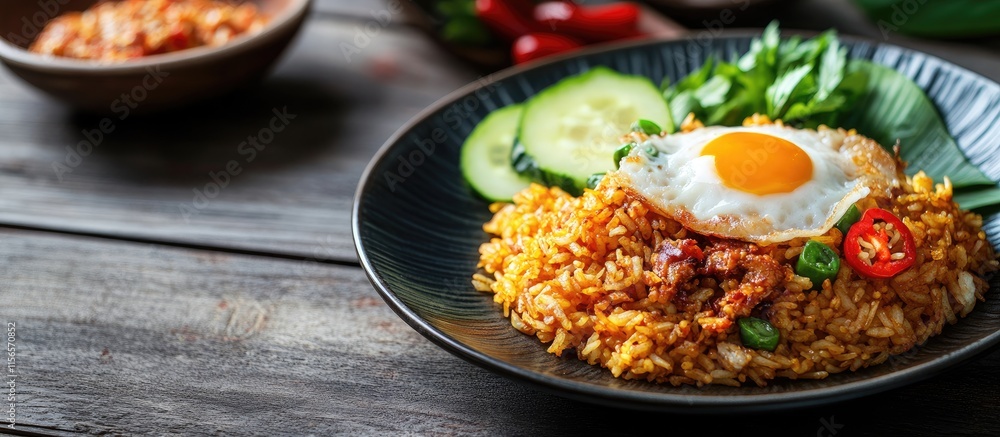 Nasi Goreng Fried Rice Plate with Egg Garnished with Vegetables on Wooden Table Space for Text Nasi Goreng Fried Rice Plate with Egg Garnished with Vegetables on Wooden Table Space for Text
