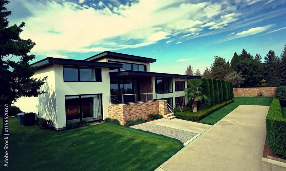 Modern Luxury Home with Spacious Yard and Balcony, Perfect for Family Living or Real Estate Advertising Modern Luxury Home with Spacious Yard and Balcony, Perfect for Family Living or Real Estate Advertising